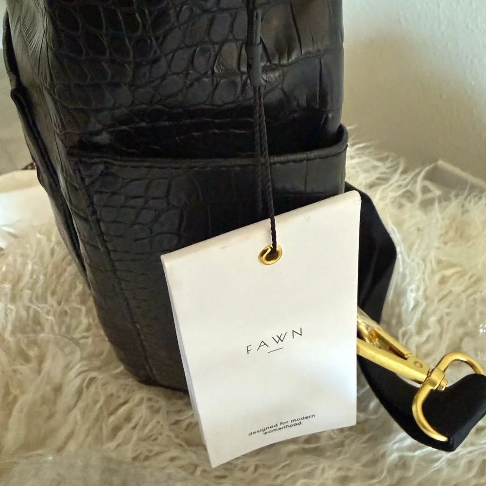 Fawn Design Black Croc-Embossed Leather Crossbody Backpack